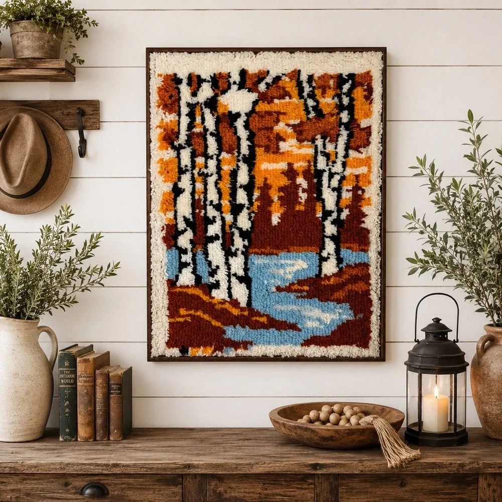 Vintage Latch Hook Rug Wall Hanging Birch Trees Autumn Forest Framed Art 22x30